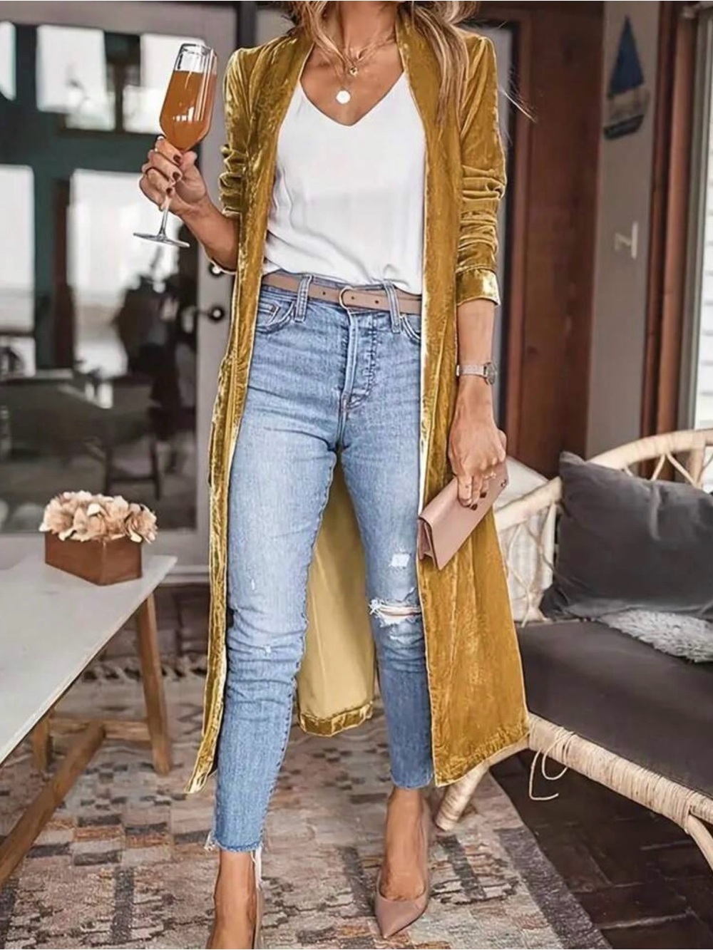 Mustard Velvet Longline Duster Coatigan Size XL Like New